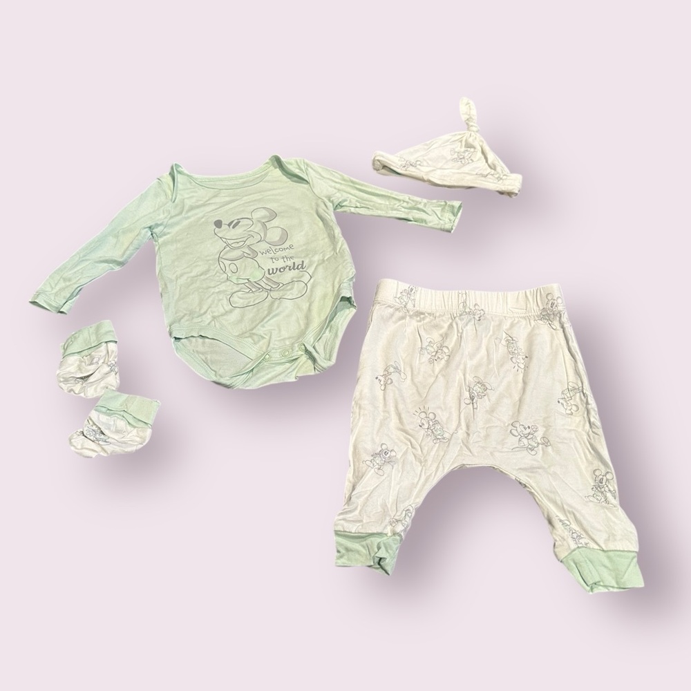 Disney Baby Mint Green and White Mickey Mouse Outfit Set Size 3-6 Months